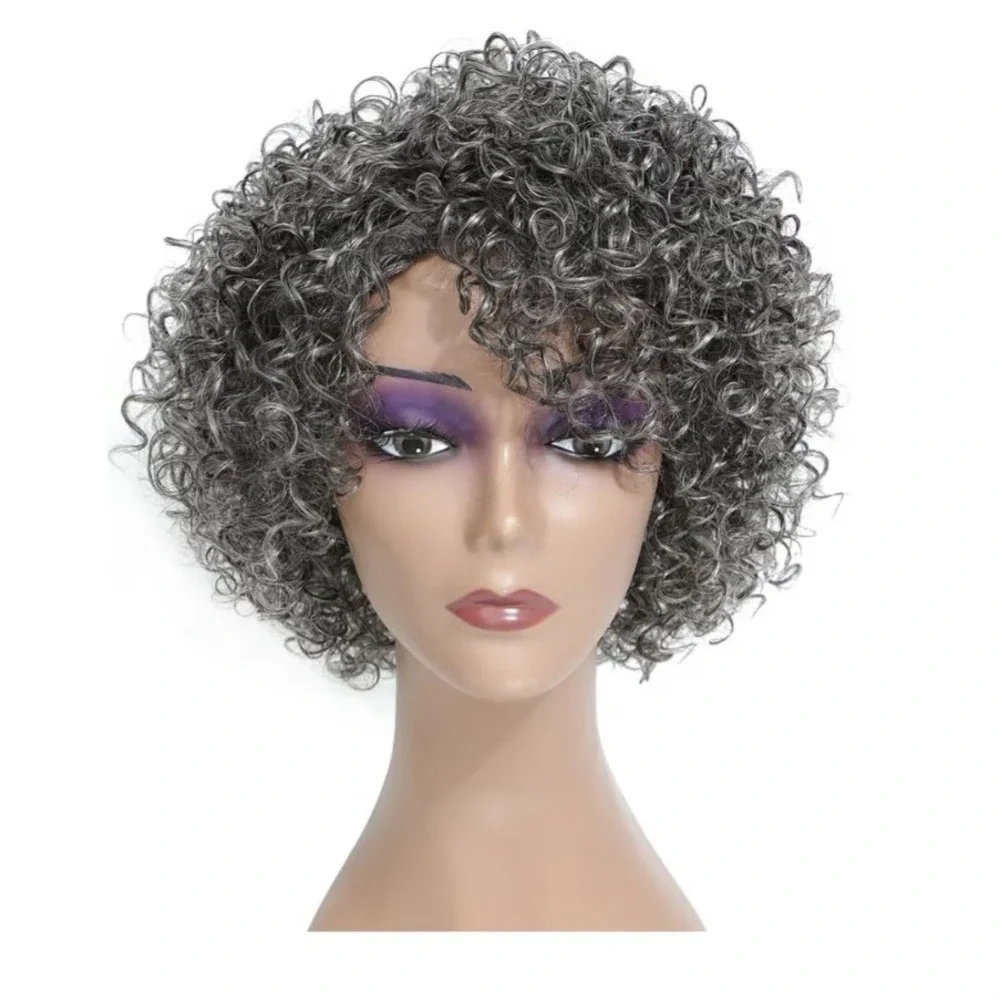 My Style HUA Hebe Human Hair Wig Short Curly Glueless Grey Salt and Pepper NEW